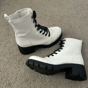 Women's White Lace-Up Chunky-Heel Combat Boots